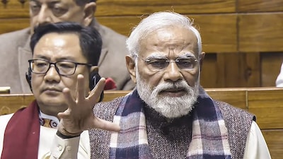 **EDS: THIRD PARTY IMAGE; SCREENGRAB VIA SANSAD TV** New Delhi: Prime Minister Narendra Modi speaks in the Lok Sabha during a discussion on the 150th anniversary of the national song 'Vande Mataram', at the Winter session of Parliament, in New Delhi, Monday, Dec. 8, 2025. (Sansad TV via PTI Photo)(PTI12_08_2025_000167B)