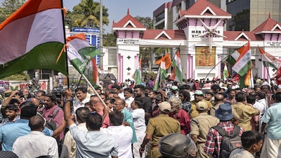 Thiruvananthapuram: Congress supporters celebrate outside a polling center during the counting of votes after the partys victory in Keralas local body elections, in Thiruvananthapuram, Saturday, Saturday, Dec. 13, 2025. Buoyed by its victory in Kerala local bodies polls, the Congress on Saturday exuded confidence that the UDF will get a similar mandate in the assembly elections and asserted that many "red fortresses" will collapse in the coming times. (PTI Photo)