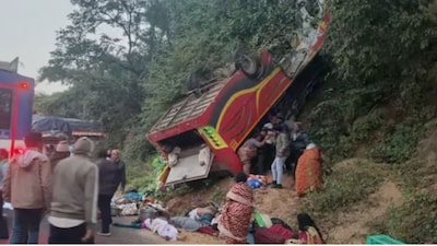 Andhra Pradesh pilgrim bus overturns and falls into valley on December 12, 2025. (Photo X via Moneycontrol) 