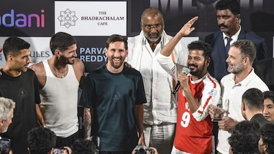Lionel Messi in Hyderabad as part of his GOAT Tour 2025. (PTI Photo) 