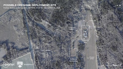 A satellite image from Planet Labs taken November 16, 2025 shows where U.S. researchers believe that Russia is likely stationing its new nuclear-capable Oreshnik hypersonic cruise missile at the disused airbase Krichev in eastern Belarus near Russia's border. (Reuters)