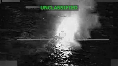 A vessel that the U.S. military said was suspected of smuggling drugs, burns after being struck with a kinetic weapon in a location given as the Eastern Pacific, in this screengrab taken from a handout video released December 18, 2025. U.S. Southern Command/Handout (REUTERS)