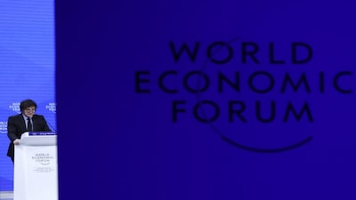 Argentina's President Javier Milei makes a special address during the 55th annual World Economic Forum (WEF) meeting in Davos, Switzerland, January 23, 2025. REUTERS/Yves Herman