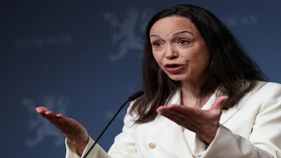 FILE PHOTO: Nobel Peace Prize laureate and Venezuelan opposition leader Maria Corina Machado speaks during a press conference in Oslo, Norway December 11, 2025. REUTERS/Leonhard Foeger/File Photo