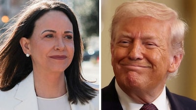 Venezuelan opposition leader Maria Corina Machado is pictured arriving for a meeting with U.S. President Donald Trump, shown attending a separate event later in the day, in this combination of images taken at the White House in Washington, D.C., U.S., January 15, 2026. REUTERS/Kylie Coope