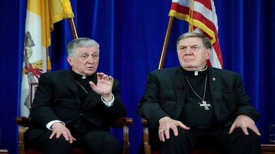 Cardinals Joseph Tobin and Blase Cupich attend a press conference following the election of Pope Leo XIV, at the Pontifical North American College in Rome, Italy, May 9, 2025. REUTERS/Guglielmo Mangiapane/File Photo