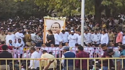 **EDS: SCREENSHOT VIA PTI VIDEOS** Pune: People gather to pay their last respects to Maharashtra Deputy Chief Minister Ajit Pawar who was killed after an aircraft carrying him crashed, at Baramati, in Pune, Maharashtra, Wednesday, Jan. 28, 2026. (PTI Photo)(PTI01_28_2026_000402B)