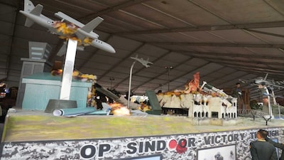 Operation Sindoor themed tableaux on display during a press preview before the Republic Day parade, in New Delhi. (PTI)