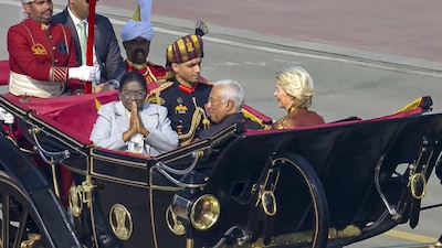 **EDS: THIRD PARTY IMAGE** In this screengrab from a video posted on Jan. 26, 2026, President Droupadi Murmu arrives with European Commission President Ursula von der Leyen and European Council President Antonio Costa during the 77th Republic Parade, at Kartavya Path, in New Delhi. (@NarendraModi/YT via PTI Photo) (PTI01_26_2026_000039B)