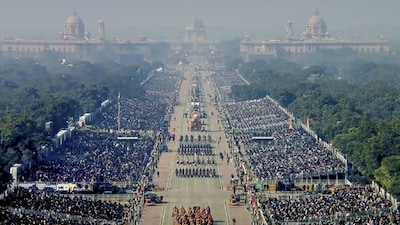 **EDS: THIRD PARTY IMAGE** In this screengrab from a video posted on Jan. 26, 2026, an aerial view of the marching contingents during the 77th Republic Day Parade, at Kartavya Path, in New Delhi. (@NarendraModi/YT via PTI Photo)(PTI01_26_2026_000074B)