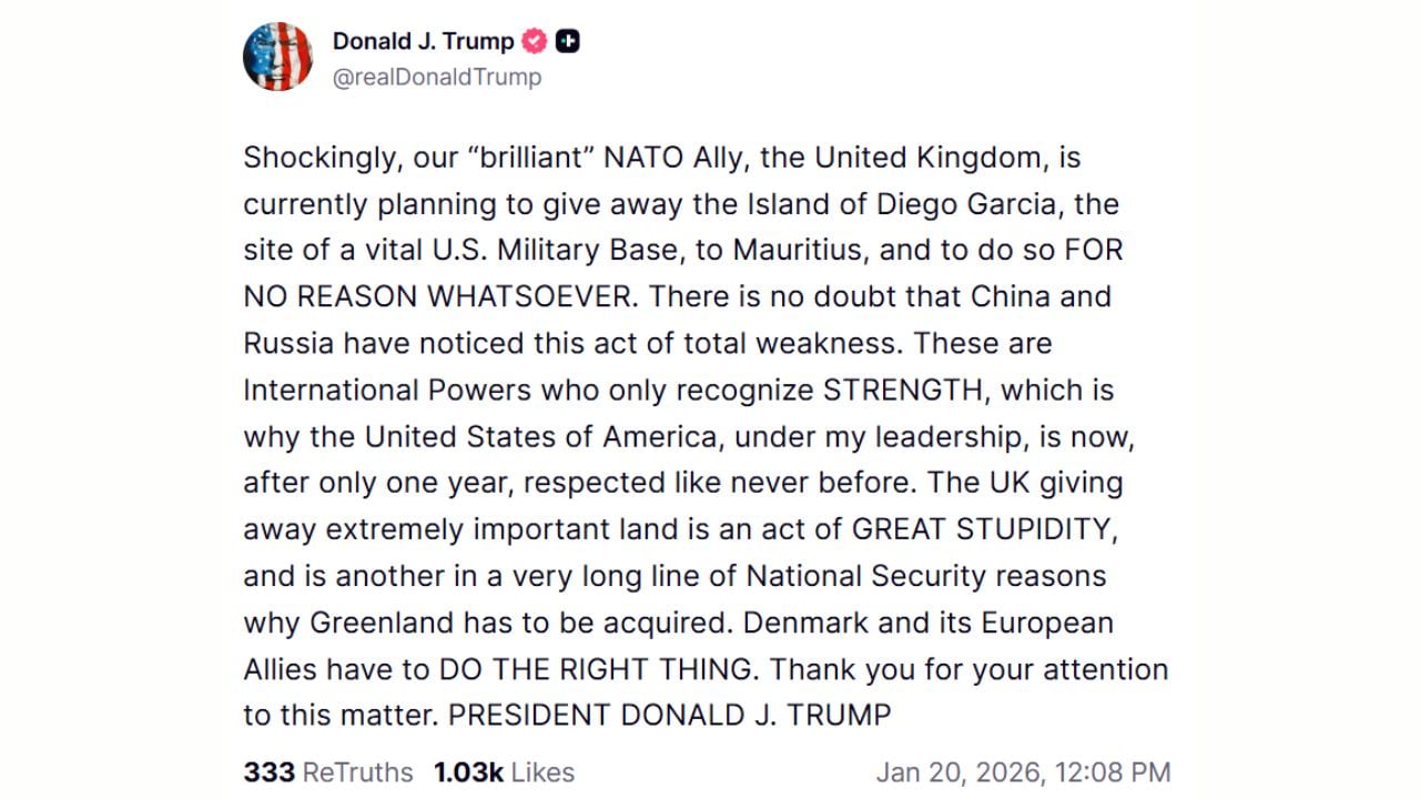 US President Donald Trump slams UK decision of giving away Diego Garcia island to Mauritius. 