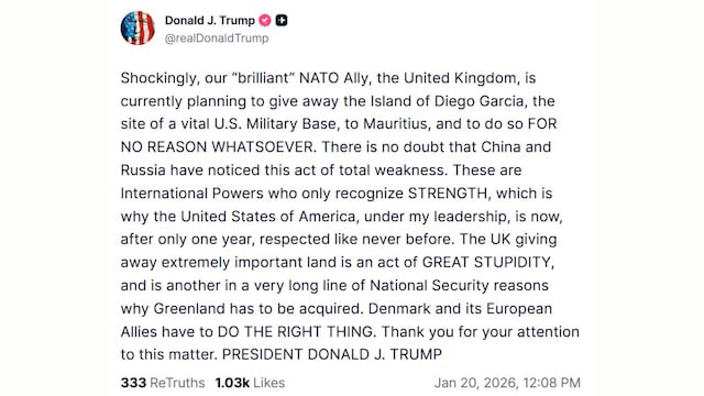 US President Donald Trump slams UK decision of giving away Diego Garcia island to Mauritius. 