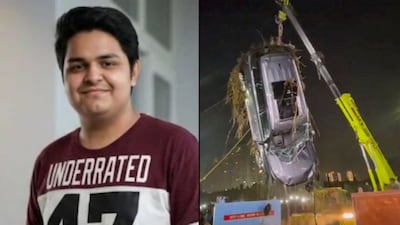 Noida: Car belonging to Yuvraj Mehta, a 27-year-old software engineer, who died after his car had plunged into a water-filled pit at a construction site, retrieved after a search operation, in Noida, Tuesday, Jan. 20, 2026. (PTI Photo)