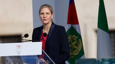 Olympics - 2026 Milano-Cortina Winter Olympics - 2026 Milano-Cortina Winter Olympics Flame Lighting Ceremony - Quirinal Palace, Rome, Italy - December 5, 2025 International Olympic Committee (IOC) president Kirsty Coventry gives a speech during the ceremony (REUTERS)