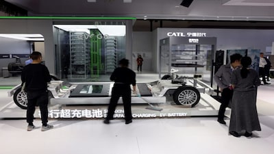 An electric vehicle (EV) battery is displayed at the booth of battery maker CATL during the first China International Supply Chain Expo (CISCE) in Beijing, China November 28, 2023. REUTERS/Florence Lo