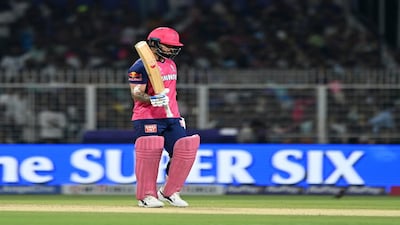Cricket - Indian Premier League - IPL - Kolkata Knight Riders v Rajasthan Royals - Eden Gardens, Kolkata, India - May 4, 2025 Rajasthan Royals' Riyan Parag celebrates after reaching his half century REUTERS/Abhijit Addya
