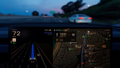 A Tesla Model 3 is shown driving on the highway with FSD 14.2.2.3 self driving-supervised software in Dana Point, California, U.S., January 28, 2026. REUTERS/Mike Blake