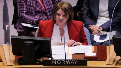 Norway's Ambassador to the United Nations Mona Juul addresses the United Nations Security Council during a meeting, amid Russia's invasion of Ukraine, at the United Nations Headquarters in Manhattan, New York City, New York, U.S., April 5, 2022. REUTERS/Andrew Kelly