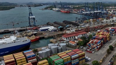 A drone view shows containers docked at Panama Ports Company after Panama’s Supreme Court annulled key port contracts held by the Hong Kong‑based CK Hutchison–owned firm, leaving the future of some Panama Canal operations uncertain, in Panama City, Panama  (Image Reuters)