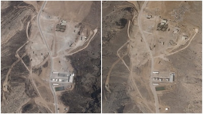A combination picture of satellite images shows Shiraz South Missile Base in Shiraz South, Iran, before reconstruction, July 3, 2025 (LEFT), and after reconstruction and clearance efforts, January 30, 2026. Planet Labs PBC/Handout via REUTERS MANDATORY CREDIT THIS IMAGE HAS BEEN SUPPLIED BY A THIRD PARTY NO RESALES. NO ARCHIVES 
UPDATING TO CHANGE THE ORDER OF THE IMAGES, FIRST IMAGE AT LEFT