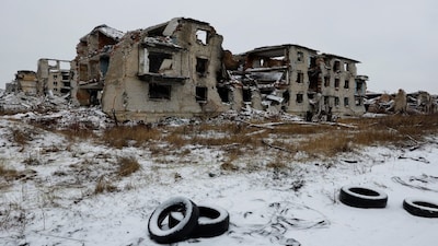 The ruins of residential buildings in the abandoned town of Marinka (Maryinka), which was destroyed in the course of Russia-Ukraine conflict in the Donetsk region, a Russian-controlled area of Ukraine, February 18, 2026. REUTERS/Alexander Ermochenko