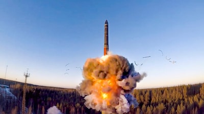 FILE - This photo taken from a video distributed on Dec. 9, 2020 by the Russian Defense Ministry Press Service, shows a rocket launch as part of a ground-based intercontinental ballistic missile test at the Plesetsk facility in northwestern Russia. (Russian Defense Ministry Press Service via AP, File) Screenshot
