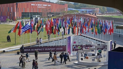Delegates arrive for an AI Impact Summit in New Delhi, India, Tuesday, Feb.17, 2026. (AP Photo)