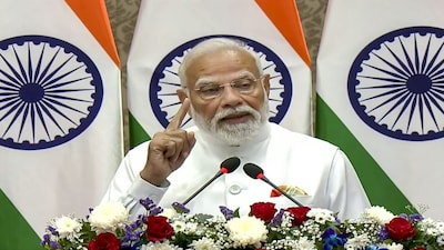 **EDS: THIRD PARTY IMAGE** In this screengrab from a video posted on Feb. 17, 2026, Prime Minister Narendra Modi speaks during a joint press meet with French President Emmanuel Macron, unseen, in Mumbai. (@NarendraModi/YT via PTI Photo)(PTI02_17_2026_000370B)