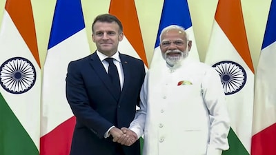 **EDS: THIRD PARTY IMAGE** In this screengrab from a video posted on Feb. 17, 2026, Prime Minister Narendra Modi welcomes French President Emmanuel Macron during bilateral talks at Lok Bhavan ahead of the India-France Year of Innovation 2026 inauguration, in Mumbai. (@NarendraModi/YT via PTI Photo)(PTI02_17_2026_000246B)