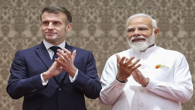 **EDS: THIRD PARTY IMAGE** In this image received on Feb. 17, 2026, Prime Minister Narendra Modi with French President Emmanuel Macron during a joint press meet, in Mumbai. (PMO via PTI Photo)(PTI02_17_2026_000545B) *** Local Caption ***