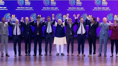 Prime Minister Narendra Modi with global leaders at India AI Impact Summit.