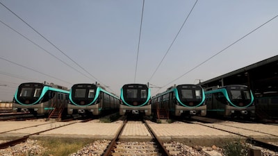 Metro cars are seen parked at the depot of Noida Metro Rail Corporation (NMRC), during an extended nationwide lockdown to slow the spread of the coronavirus disease (COVID-19), in Greater Noida, India, May 19, 2020. REUTERS/Anushree Fadnavis