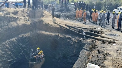 Search and rescue operation underway after an explosion at an illegal coal mine, at Thangsku area in East Jaintia Hills district, Meghalaya. (PTI Photo)