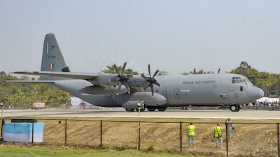Dibrugarh: A C-130J aircraft of the Indian Air Force, carrying Prime Minister Narendra Modi, lands at the Emergency Landing Facility (ELF), in Dibrugarh district, Assam, Saturday, Feb. 14, 2026. PM Modi arrived at the first Emergency Landing Facility of the northeast to attend an aerial show featuring IAF's fighter jets, transport aircraft and helicopters. (PTI Photo)(PTI02_14_2026_000136A)