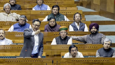 **EDS: THIRD PARTY IMAGE; SCREENGRAB VIA SANSAD TV** New Delhi: Union Minister of Parliamentary Affairs Kiren Rijiju speaks in the Lok Sabha during the Budget session of Parliament, in New Delhi, Wednesday, Feb. 11, 2026. (Sansad TV via PTI Photo)(PTI02_11_2026_000128B)