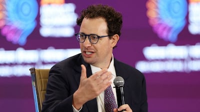 CEO of Anthropic Dario Amodei, addresses the gathering at the AI Impact Summit, in New Delhi. (Reuters)