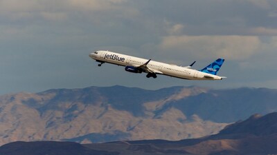A Jetblue commercial airliner takes off form Las Vegas International Airport in Las Vegas, Nevada, U.S., February 8, 2024.  REUTERS/Mike Blake