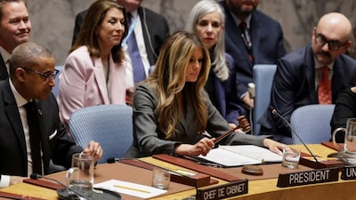 US first lady Melania Trump holds the gavel as she presides over a United Nations Security Council meeting, at UN headquarters in New York City, on  March 2, 2026. (Image Reuters)