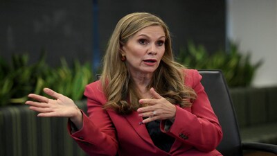 FILE PHOTO: eSafety Commissioner Julie Inman Grant speaks during an interview, as a law banning social media for users under 16 in Australia takes effect, in Sydney, Australia, December 10, 2025. REUTERS/Hollie Adams/File Photo