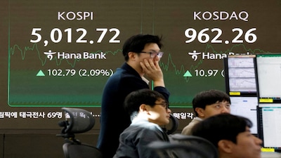 FILE PHOTO: Currency dealers work in front of an electronic board displaying the Korea Composite Stock Price Index (KOSPI) over 5,000 points in the dealing room of a bank, in Seoul, South Korea, January 22, 2026. REUTERS/Kim Soo-hyeon//File Photo