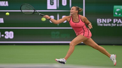 Mar 13, 2026; Indian Wells, CA, USA; Aryna Sabalenka (BEL) in her the semi final match defeating Linda Noskova (CZE) during the BNP Paribas Open at the Indian Wells Tennis Garden. Mandatory Credit: Jayne Kamin-Oncea-Imagn Images