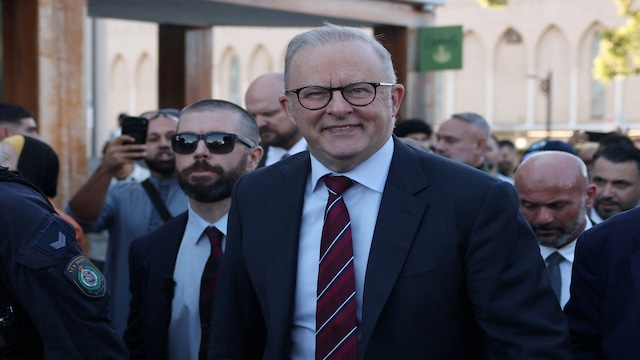 Australia's Prime Minister Anthony Albanese leaves Lakemba Mosque after a visit for Eid al-Fitr in Sydney. (Reuters)
