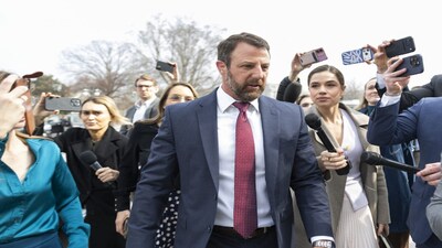 WASHINGTON, DC - MARCH 05: U.S. Sen. Markwayne Mullin (R-OK) speaks to reporters as he arrives at the U.S. Capitol Building on March 05, 2026 in Washington, DC. Earlier today U.S. President Donald Trump announced on Truth Social his intention to nominate Mullin to replace U.S. Secretary of Homeland Security Kristi Noem.   Anna Moneymaker/Getty Images/AFP (Photo by Anna Moneymaker / GETTY IMAGES NORTH AMERICA / Getty Images via AFP)