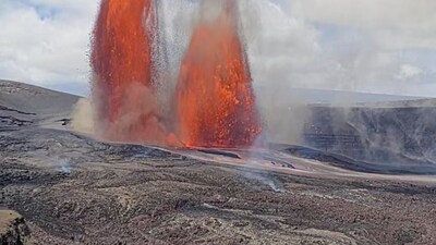  This image from video by the United States Geological Survey shows lava erupting from Kilauea volcano on Tuesday, March 10, 2026, in Hawaii Volcanoes National Park, Hawaii. (USGS via AP) 