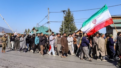 People protest against the alleged killing of Iranian Supreme Leader Ayatollah Ali Khamenei in a reported US-Israel strike, in Baramulla, Jammu and Kashmir. (PTI)