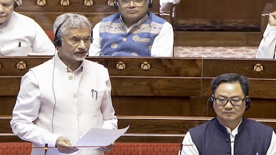 **EDS: THIRD PARTY IMAGE; SCREENGRAB VIA SANSAD TV** New Delhi: External Affairs Minister S Jaishankar, left, speaks in the Rajya Sabha during the Budget session of Parliament, in New Delhi, Monday, March 9, 2026. (Sansad TV via PTI Photo)(PTI03_09_2026_000181B)