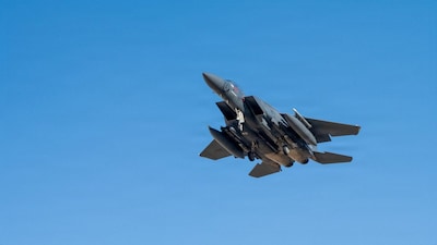A U.S. Air Force F-15E Strike Eagle aircraft takes off for a mission supporting Operation Epic Fury during the Iran war at an undisclosed location, March 9, 2026. U.S. Air Force/Handout via REUTERS ATTENTION EDITORS - THIS PICTURE WAS PROVIDED BY A THIRD PARTY