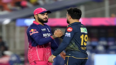 Cricket - Indian Premier League - IPL - Gujarat Titans v Rajasthan Royals - Narendra Modi Stadium, Ahmedabad, India - April 4, 2026 Rajasthan Royals' Riyan Parag shakes hands with a Gujarat Titans players after the match REUTERS/Amit Dave
