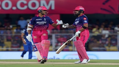 Cricket - Indian Premier League - IPL - Rajasthan Royals v Mumbai Indians - Assam Cricket Association Stadium, Guwahati, India - April 7, 2026 Rajasthan Royals' Yashasvi Jaiswal bumps fists with Riyan Parag during their innings REUTERS/Sahiba Chawdhary