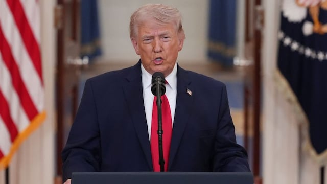 President Donald Trump speaks about the Iran war from the Cross Hall of the White House on Wednesday, April 1, 2026, in Washington. (AP Photo/Alex Brandon, Pool)